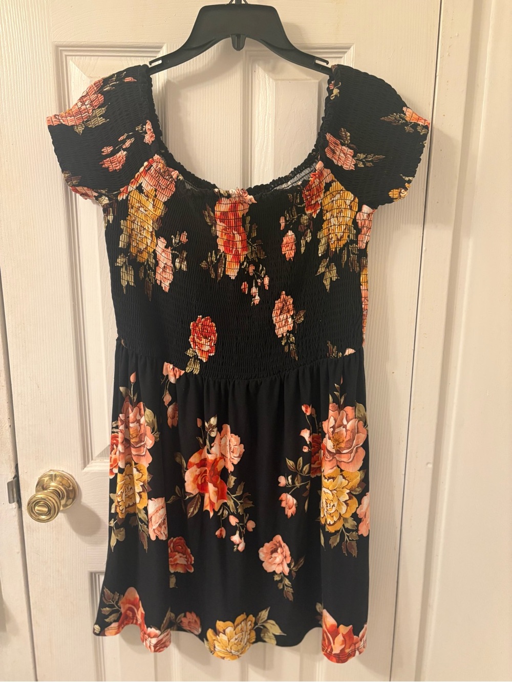 J for Justify Black Floral Smocked Short Sleeve Dress